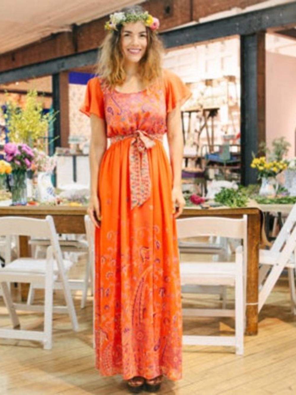 Anthropologie Maeve Paisley Orange Floral Maxi Dress Women's Sz 8 Boho